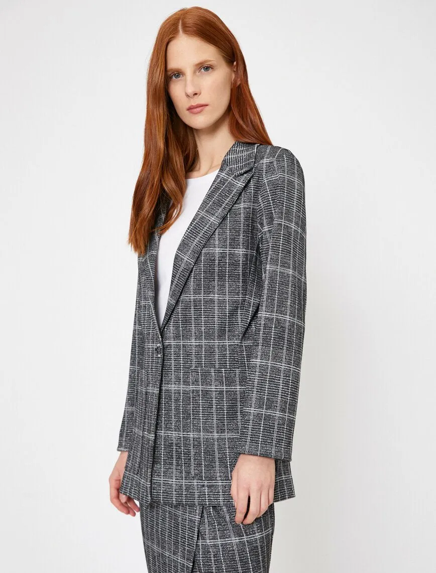 14972 Black Single Button Check Jacket