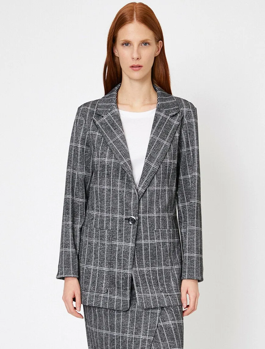 14972 Black Single Button Check Jacket