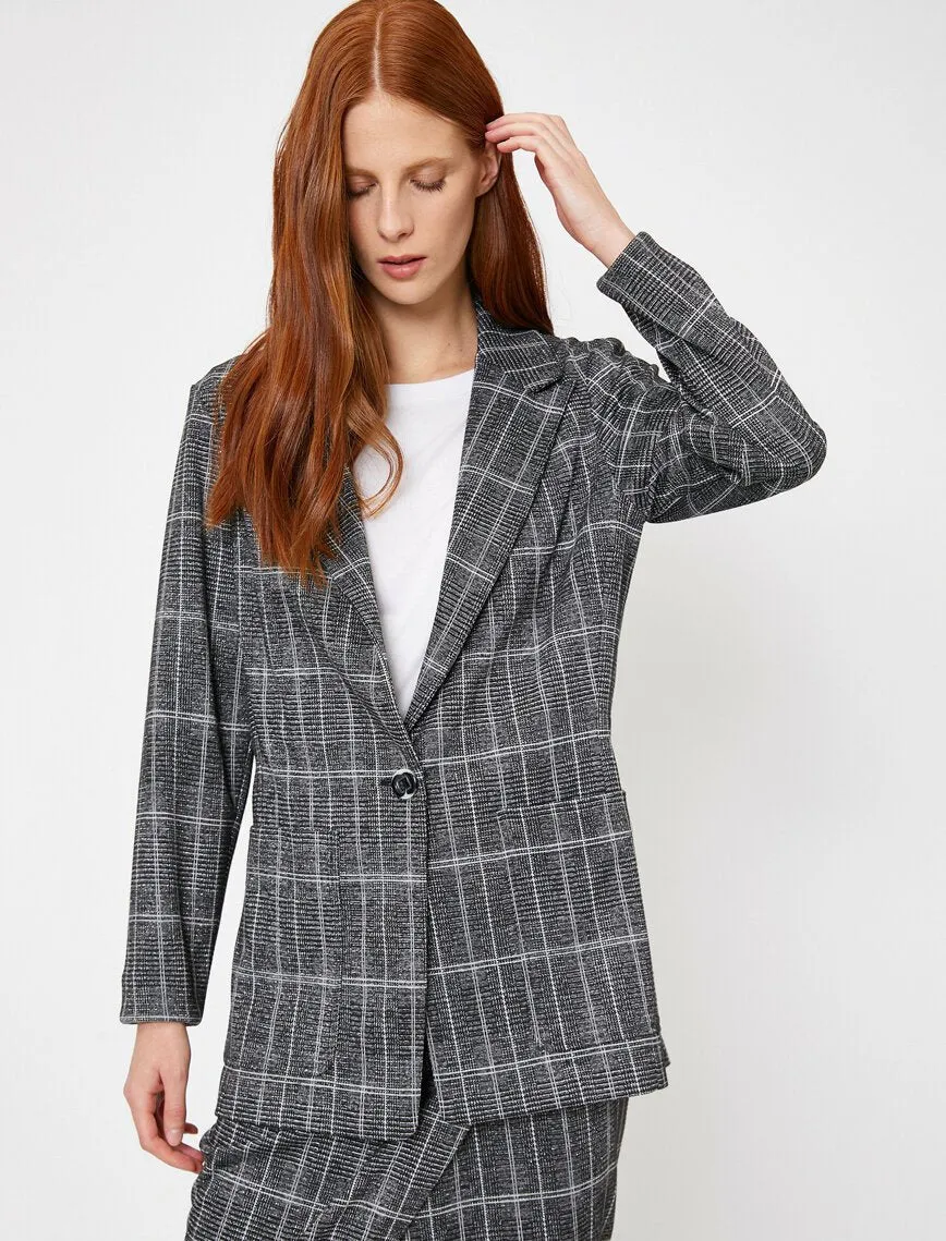 14972 Black Single Button Check Jacket