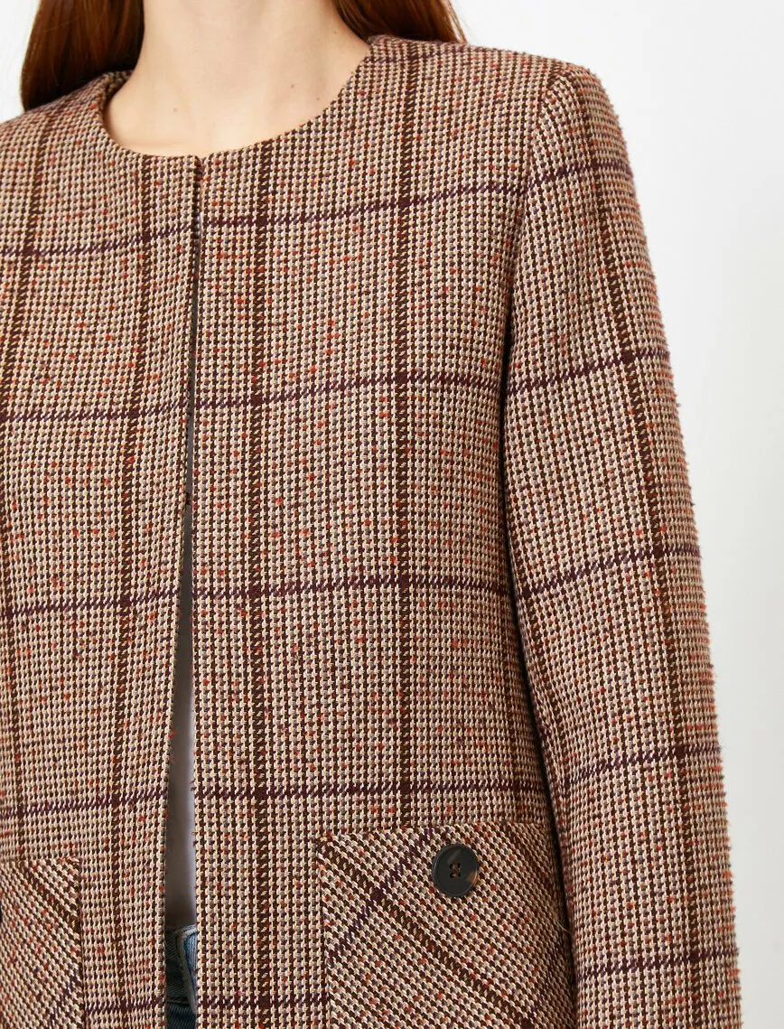 14974 Brown Round Collar Check Jacket