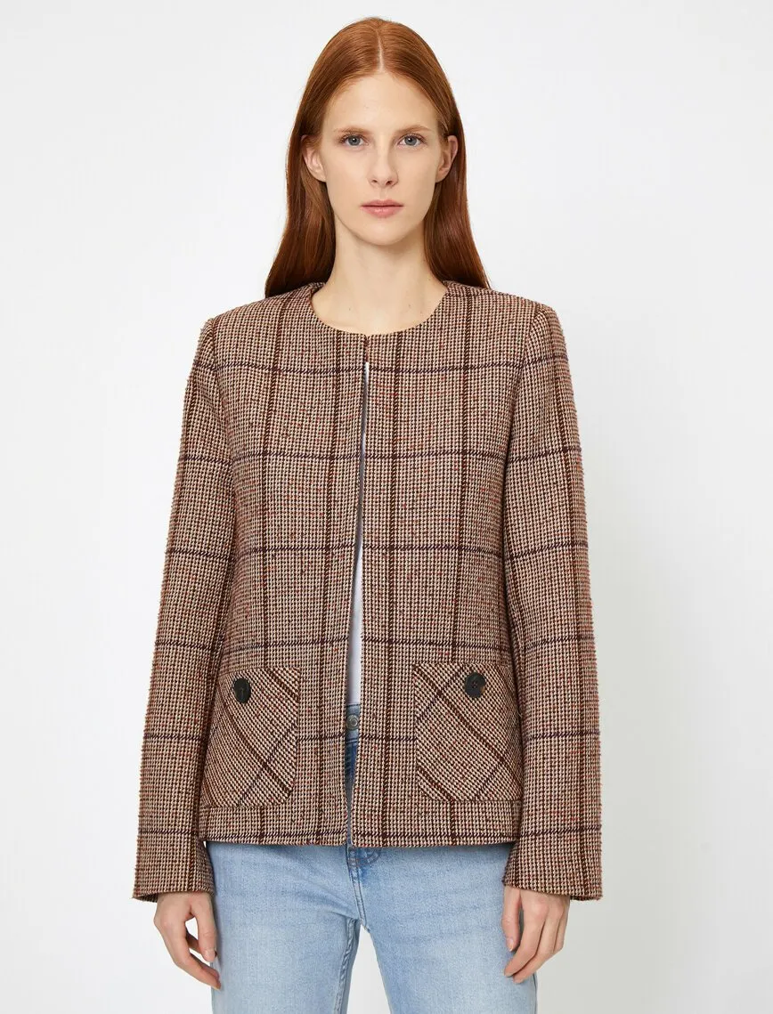 14974 Brown Round Collar Check Jacket