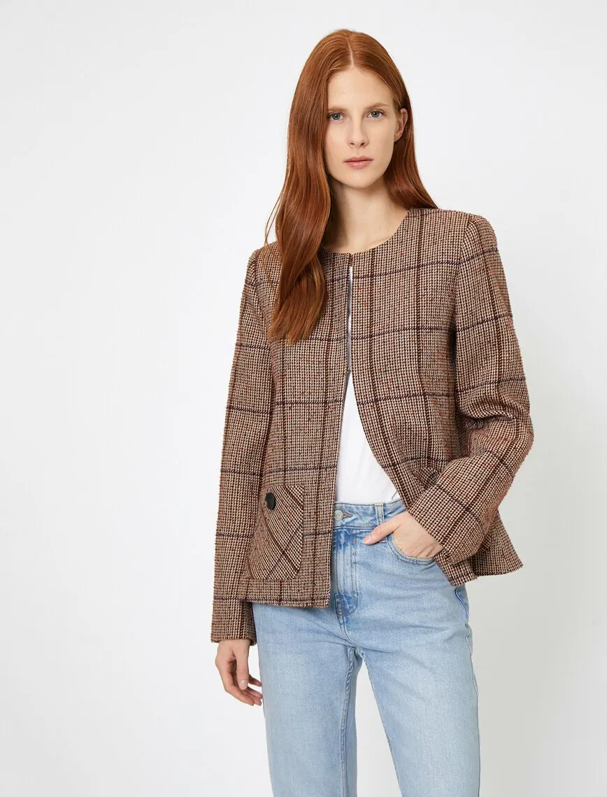 14974 Brown Round Collar Check Jacket