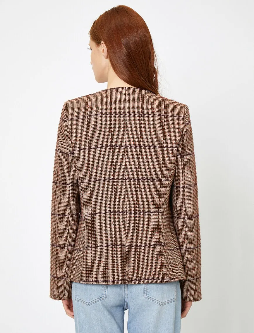 14974 Brown Round Collar Check Jacket