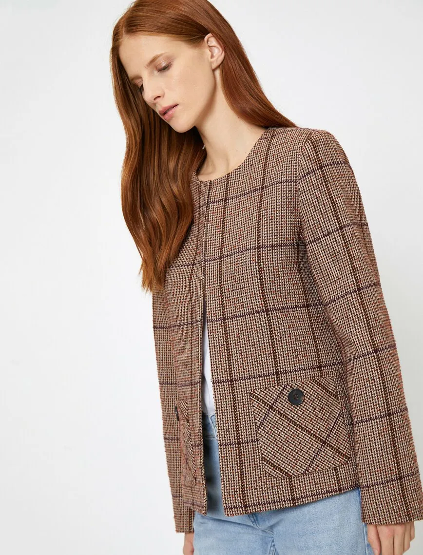 14974 Brown Round Collar Check Jacket