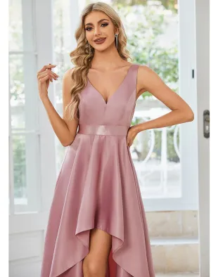 A-Line Wedding Guest Dresses Casual Dress Party Wear Asymmetrical Sleeveless V Neck Satin with Ruffles Pure Color