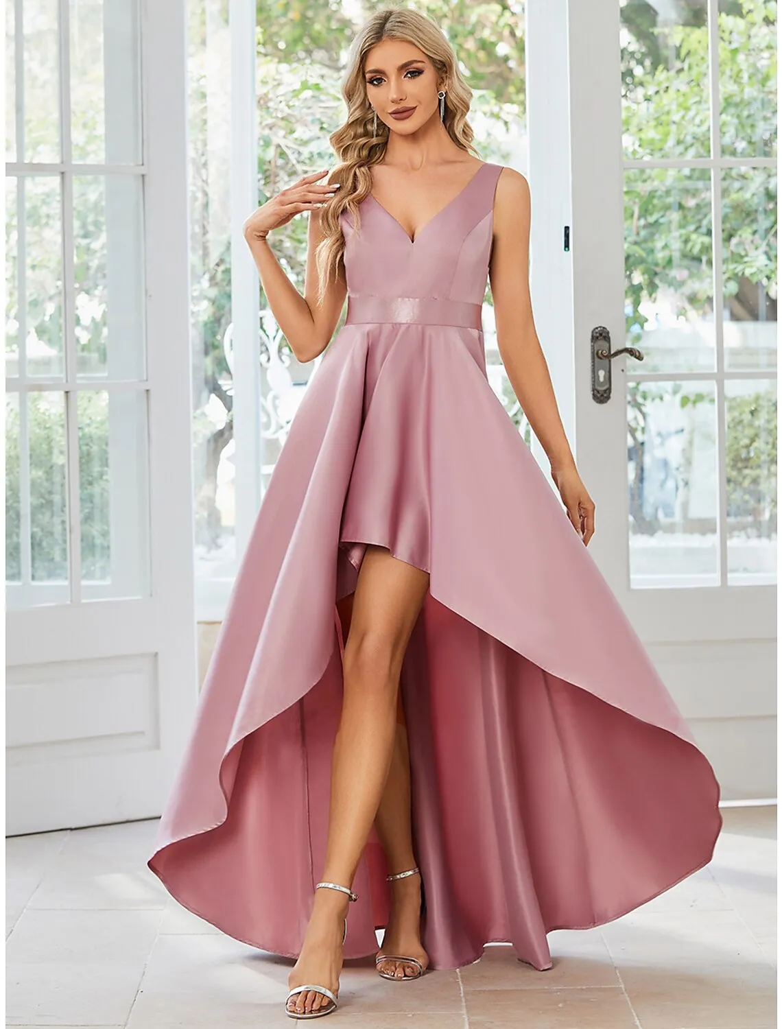 A-Line Wedding Guest Dresses Casual Dress Party Wear Asymmetrical Sleeveless V Neck Satin with Ruffles Pure Color