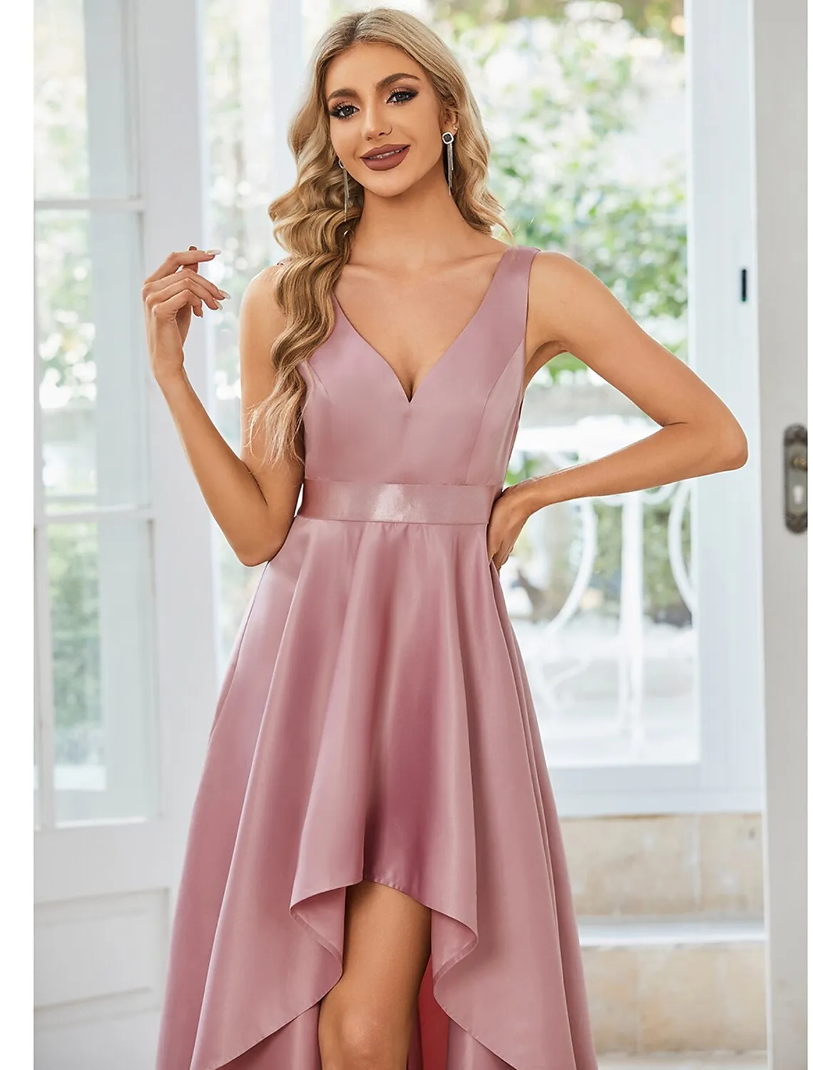 A-Line Wedding Guest Dresses Casual Dress Party Wear Asymmetrical Sleeveless V Neck Satin with Ruffles Pure Color