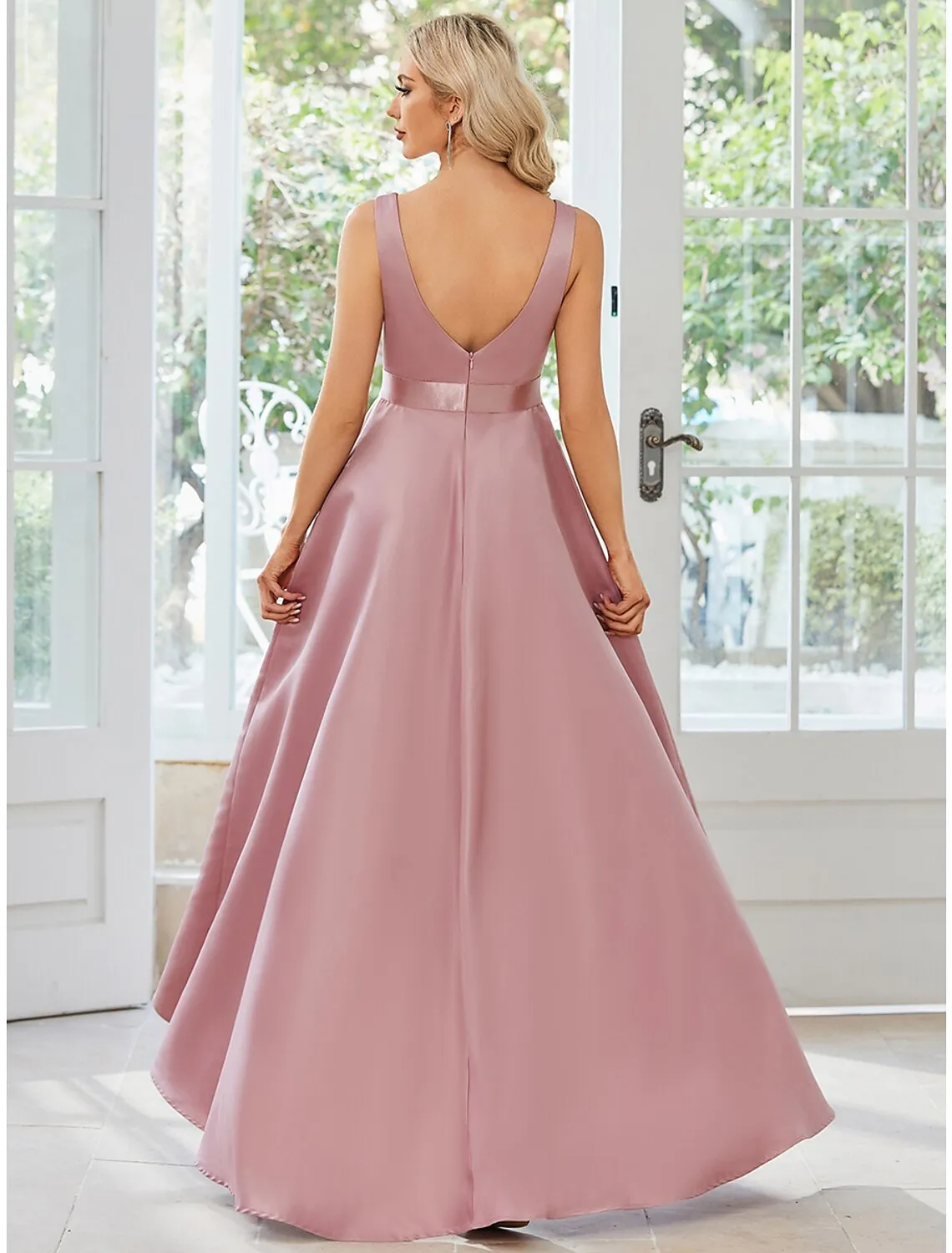 A-Line Wedding Guest Dresses Casual Dress Party Wear Asymmetrical Sleeveless V Neck Satin with Ruffles Pure Color