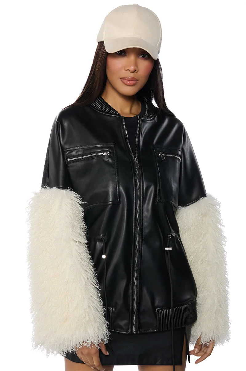 A LITTLE BIT MORE PU JACKET WITH FAUX FUR SLEEVES AND CINCHED WAIST DETAILING