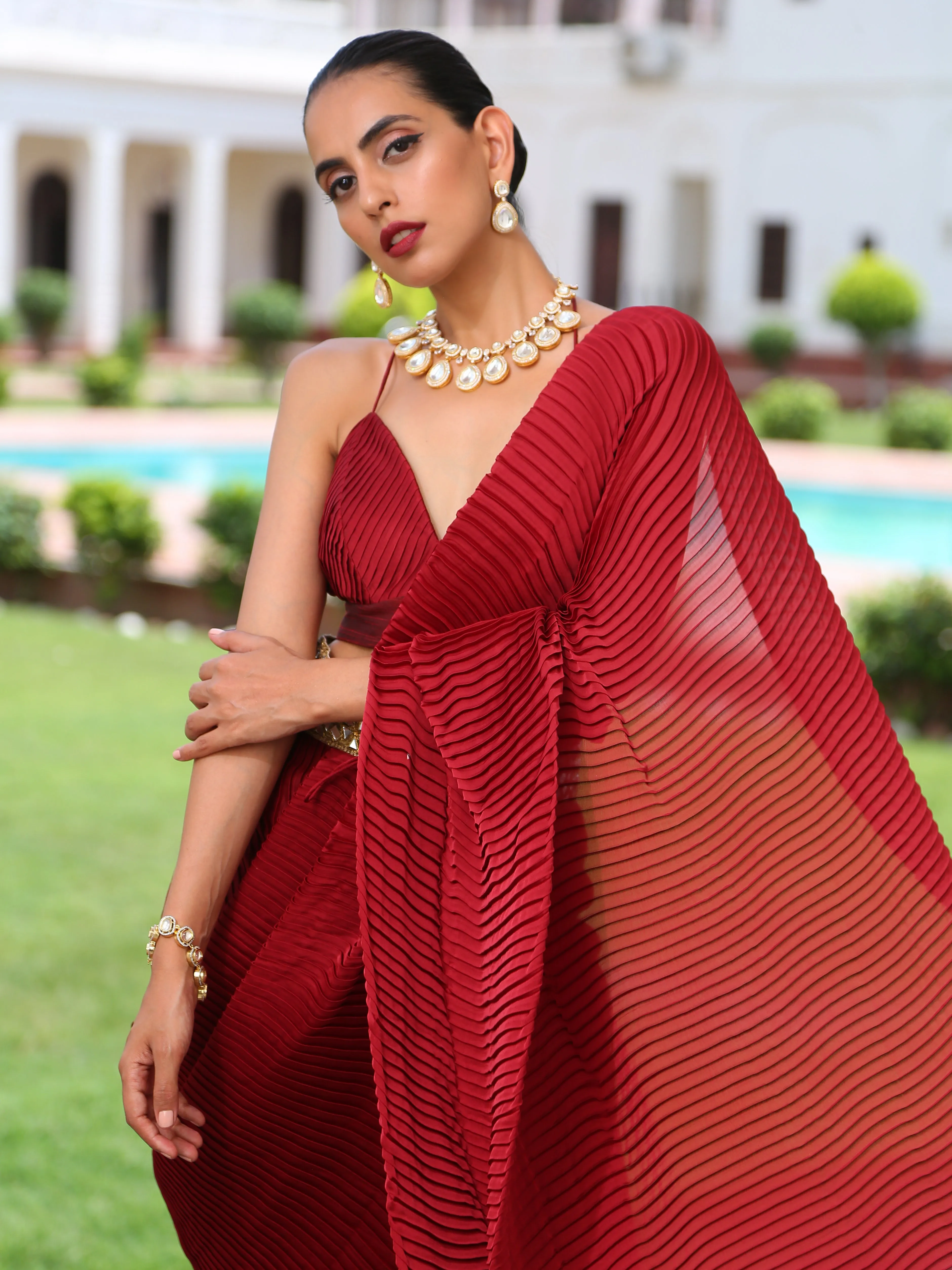 Accordion Maroon Pre-draped Saree with Self Arm-Tie