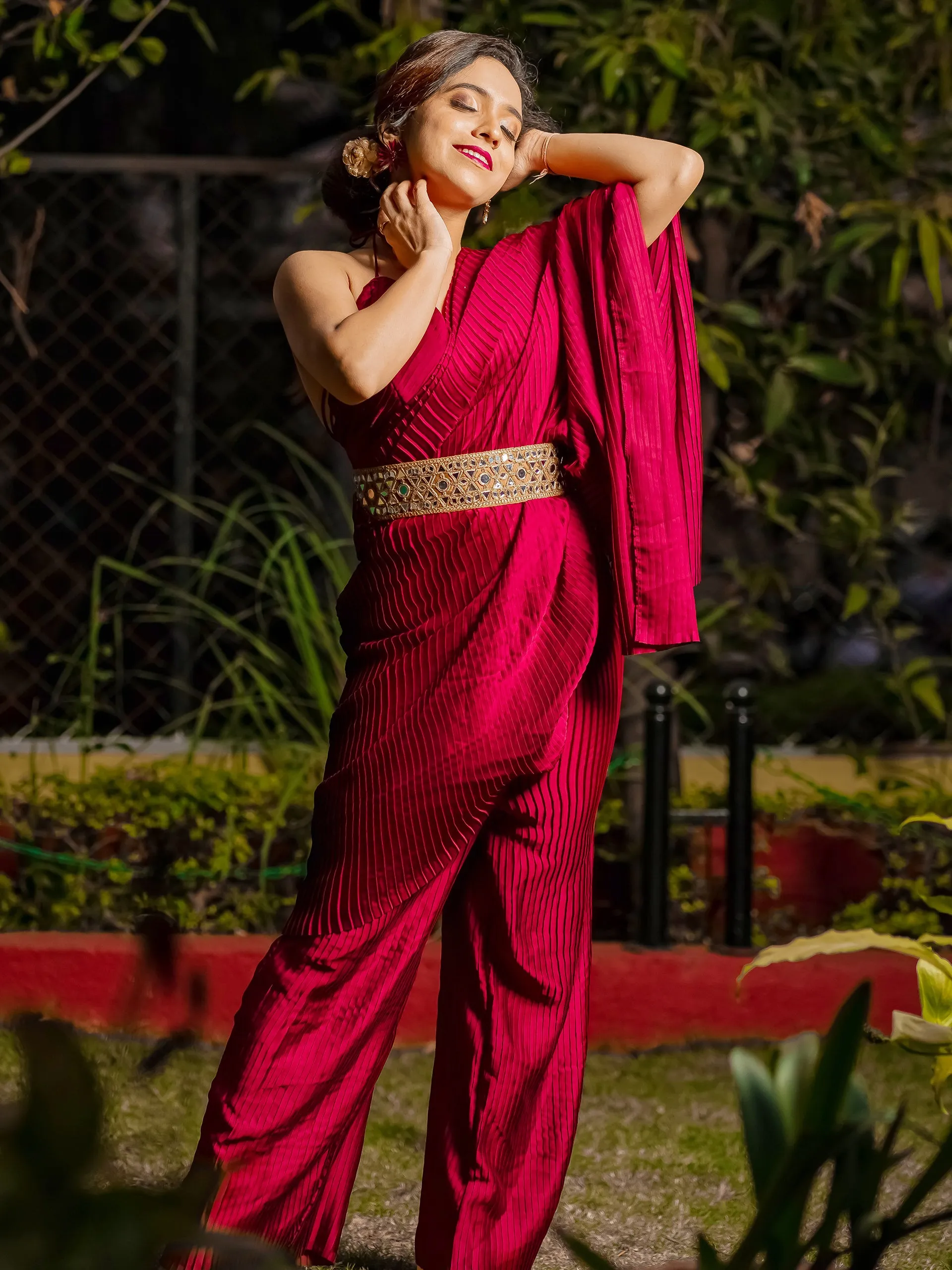 Accordion Maroon Pre-draped Saree with Self Arm-Tie