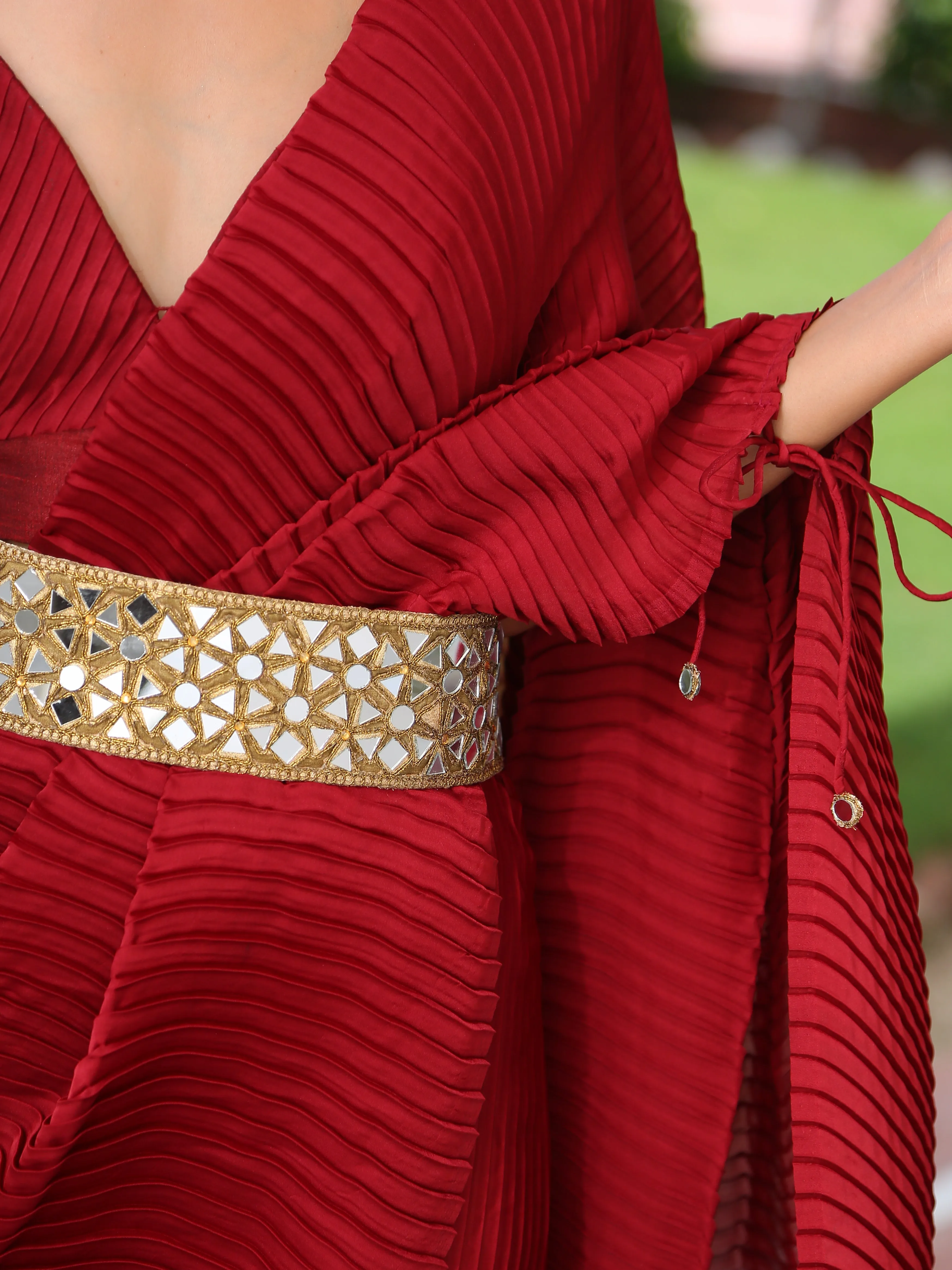 Accordion Maroon Pre-draped Saree with Self Arm-Tie