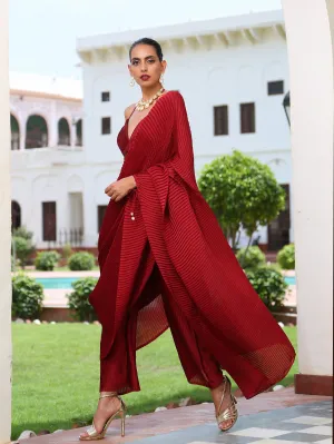 Accordion Maroon Pre-draped Saree with Self Arm-Tie