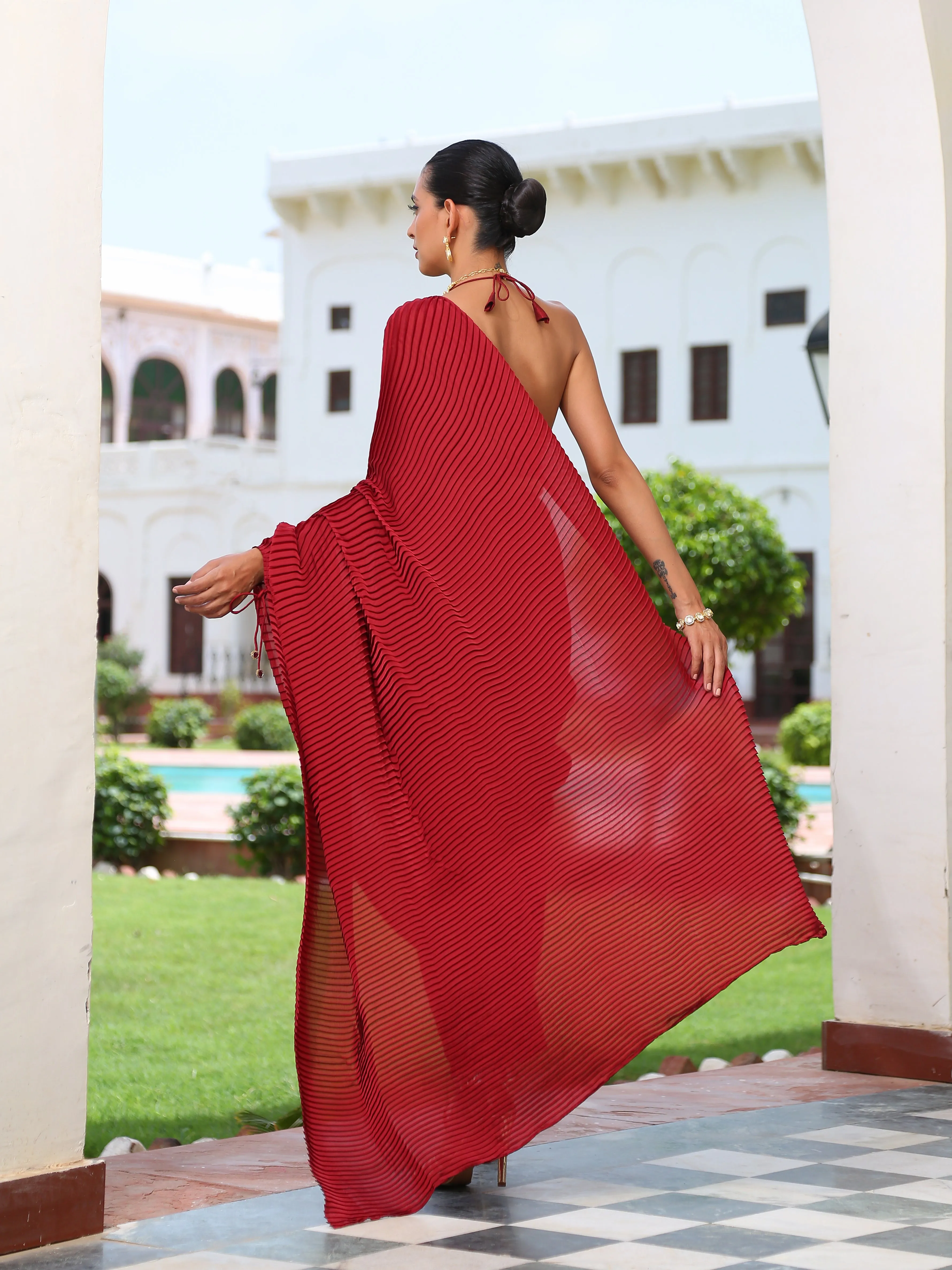 Accordion Maroon Pre-draped Saree with Self Arm-Tie