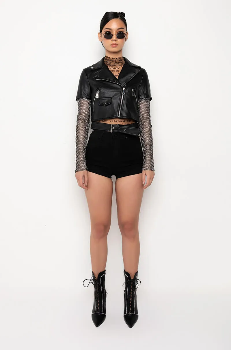 ACEROLA RHINESTONE BLING CROP MOTO JACKET