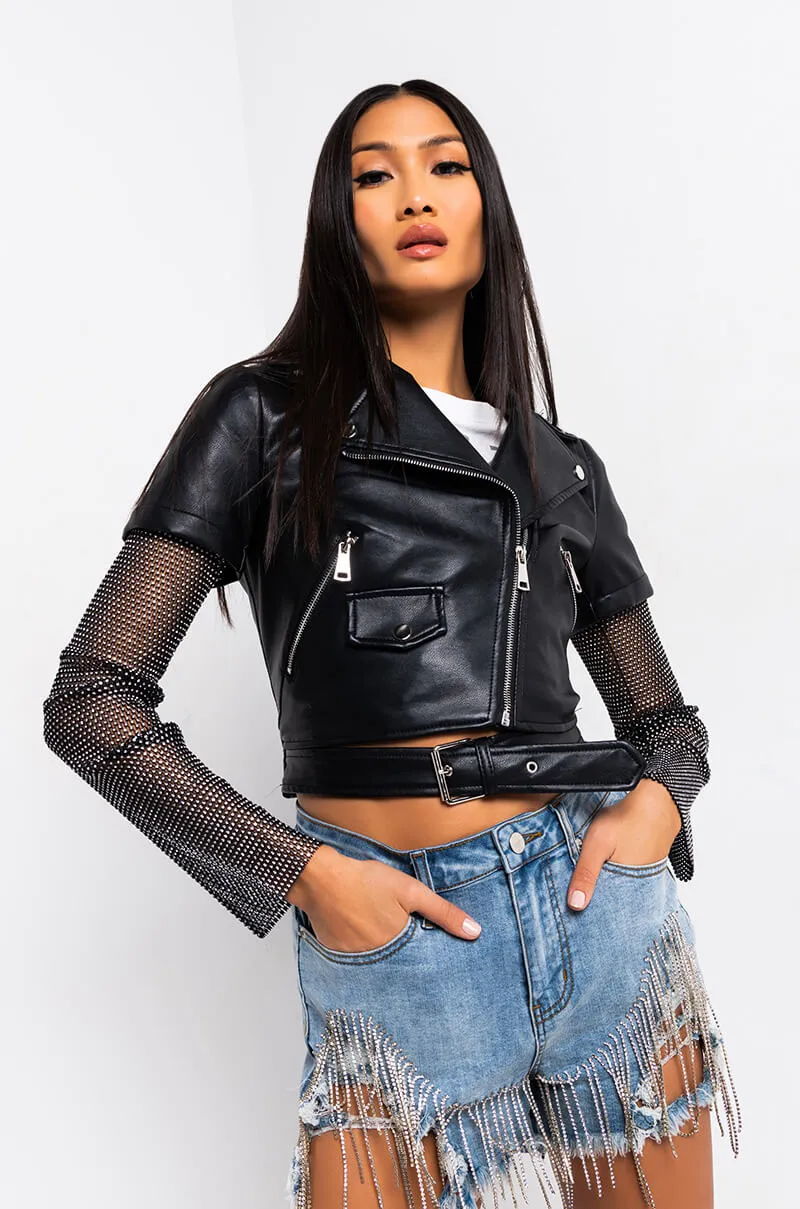 ACEROLA RHINESTONE BLING CROP MOTO JACKET