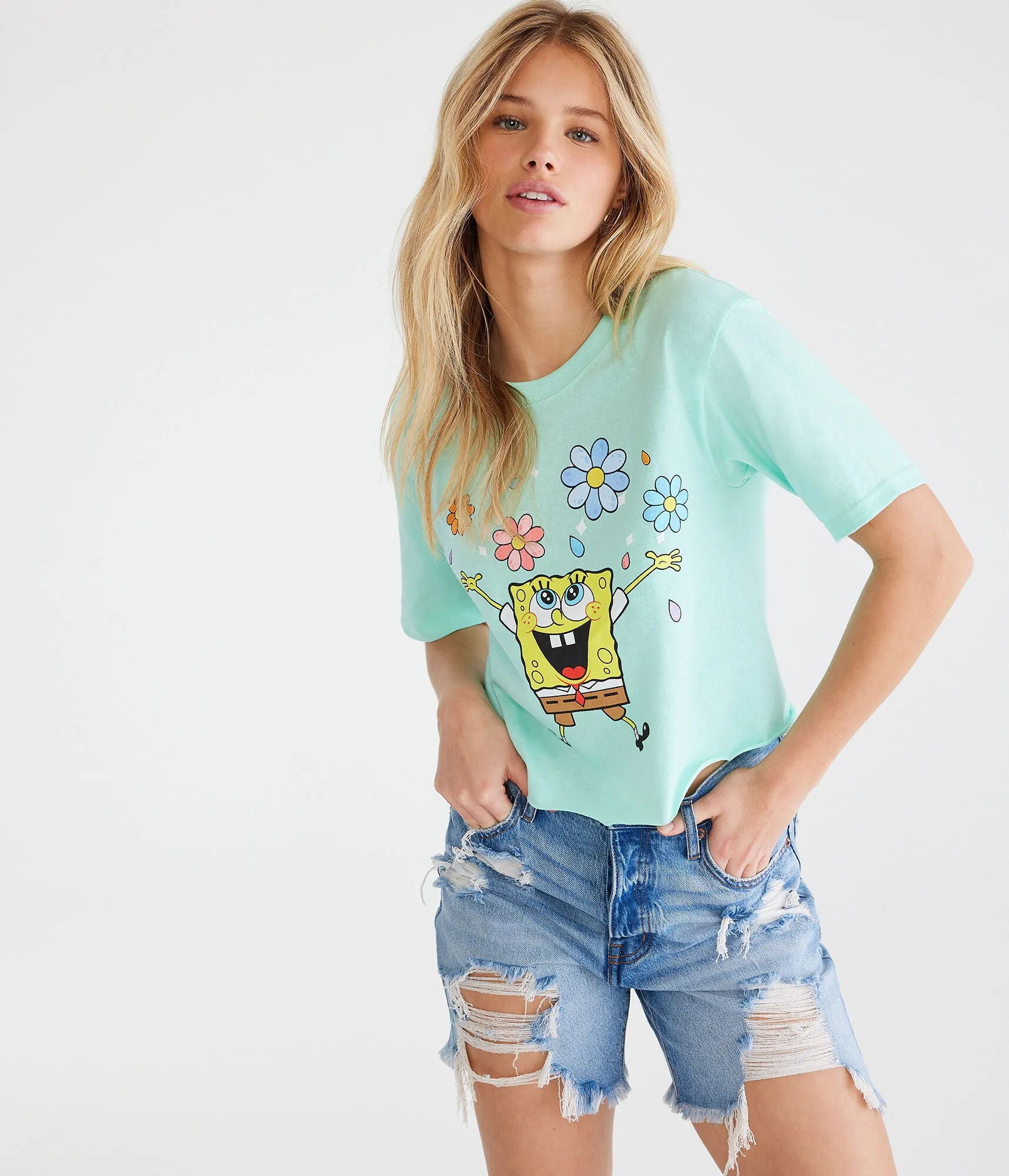 Aeropostale Womens' SpongeBob Flowers Graphic Tee - Green - Size L - Cotton - Teen Fashion & Clothing Jade Green