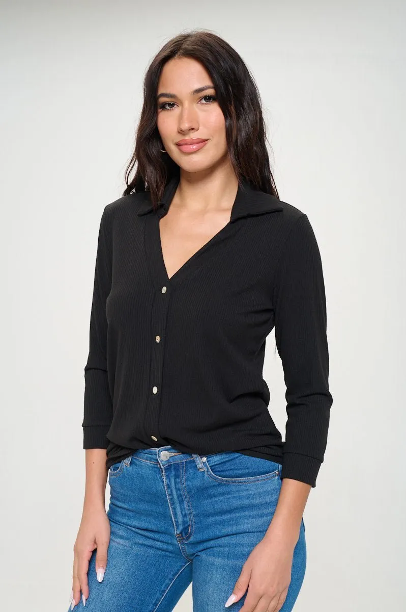 Amaya Rib Knit Button Down Collar Top