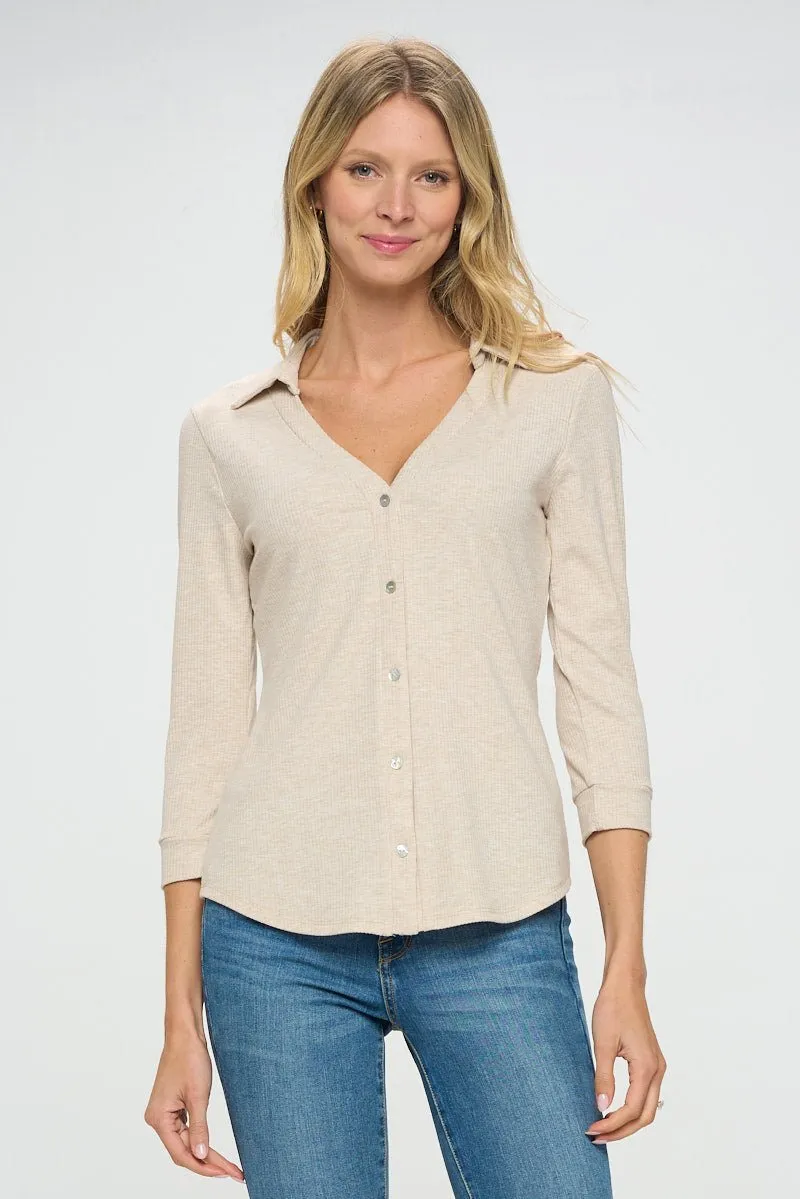 Amaya Rib Knit Button Down Collar Top