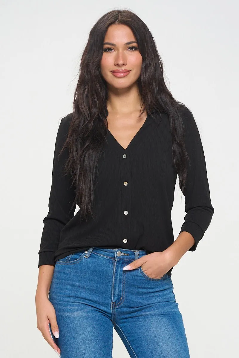 Amaya Rib Knit Button Down Collar Top