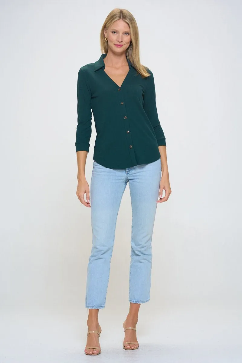 Amaya Rib Knit Button Down Collar Top