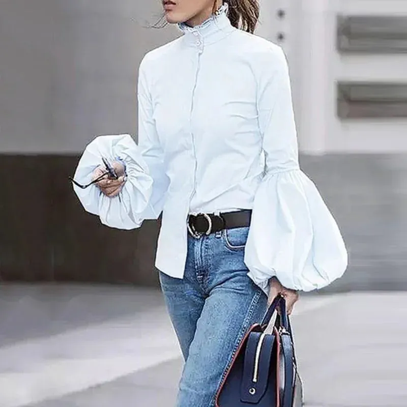 Amozae-Solid Color Buttoned T-Shirt for Women High Neck Lantern Sleeve Slim Fit Work Shirts Urban Female Elegant Blouse