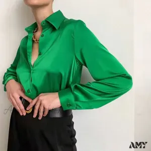 Amy Fashion - Elegant Long Sleeve Green Silk Blouse