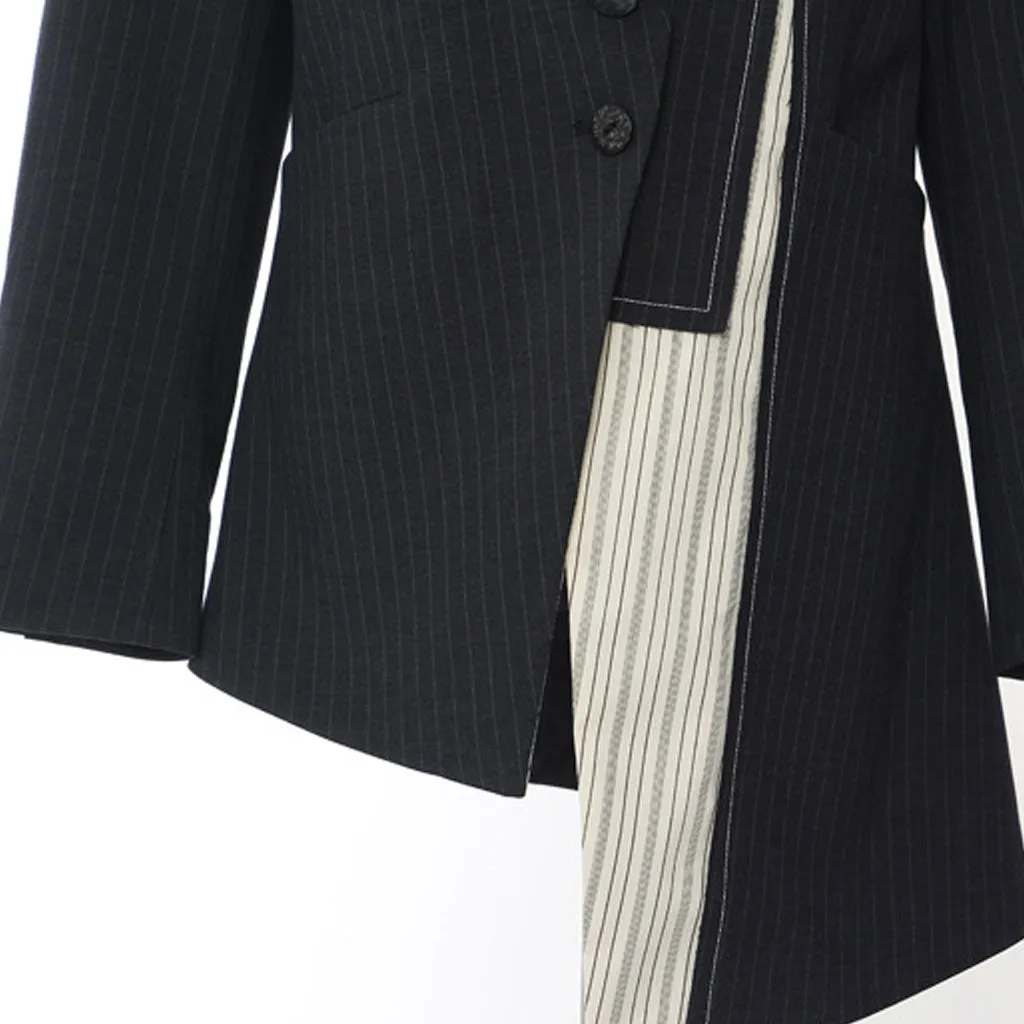 Asymmetrical Contrast Hybrid Lapel Two Button Long Sleeve Pinstripe Blazer