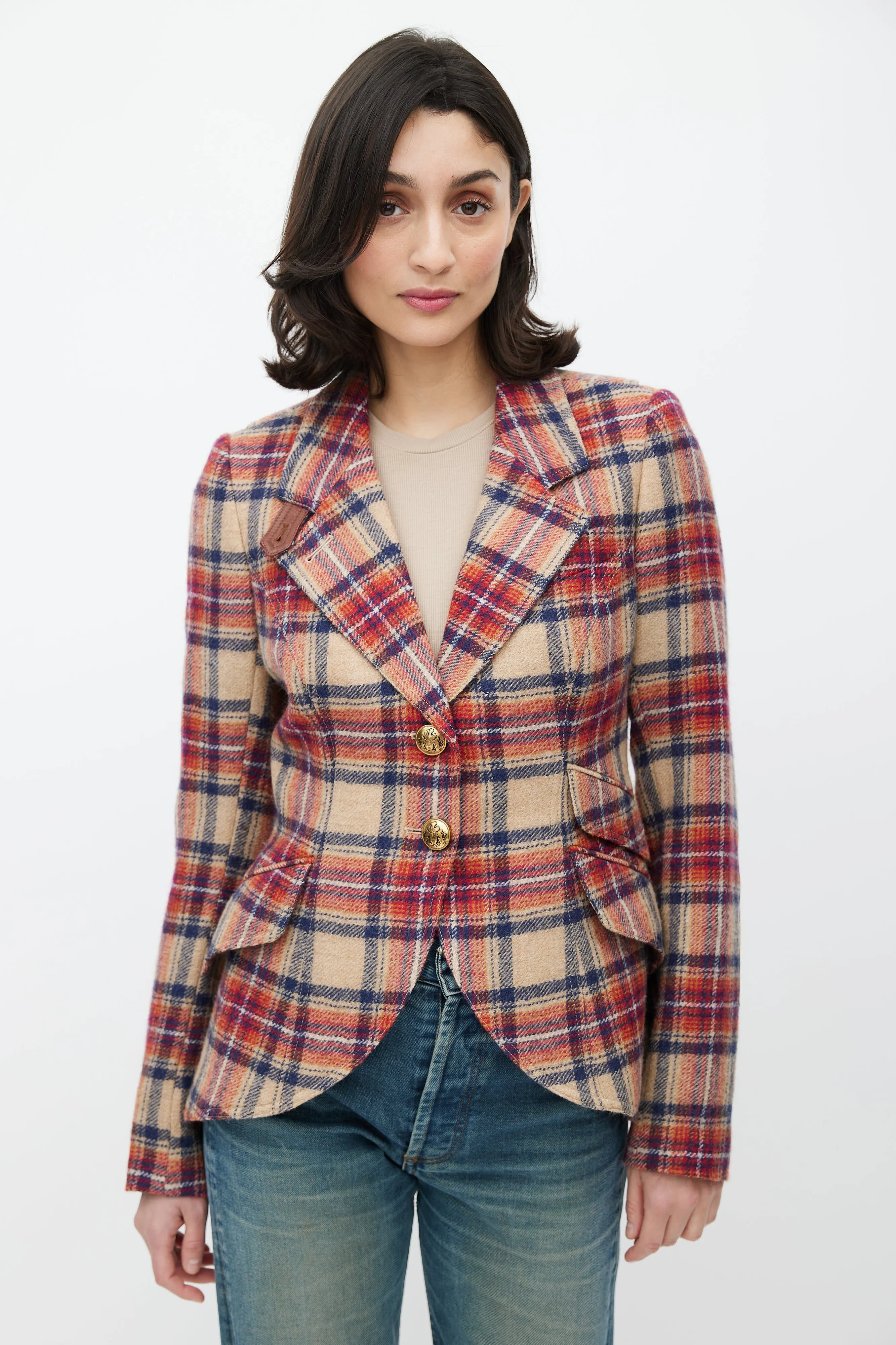 Beige & Red Plaid Wool Blazer