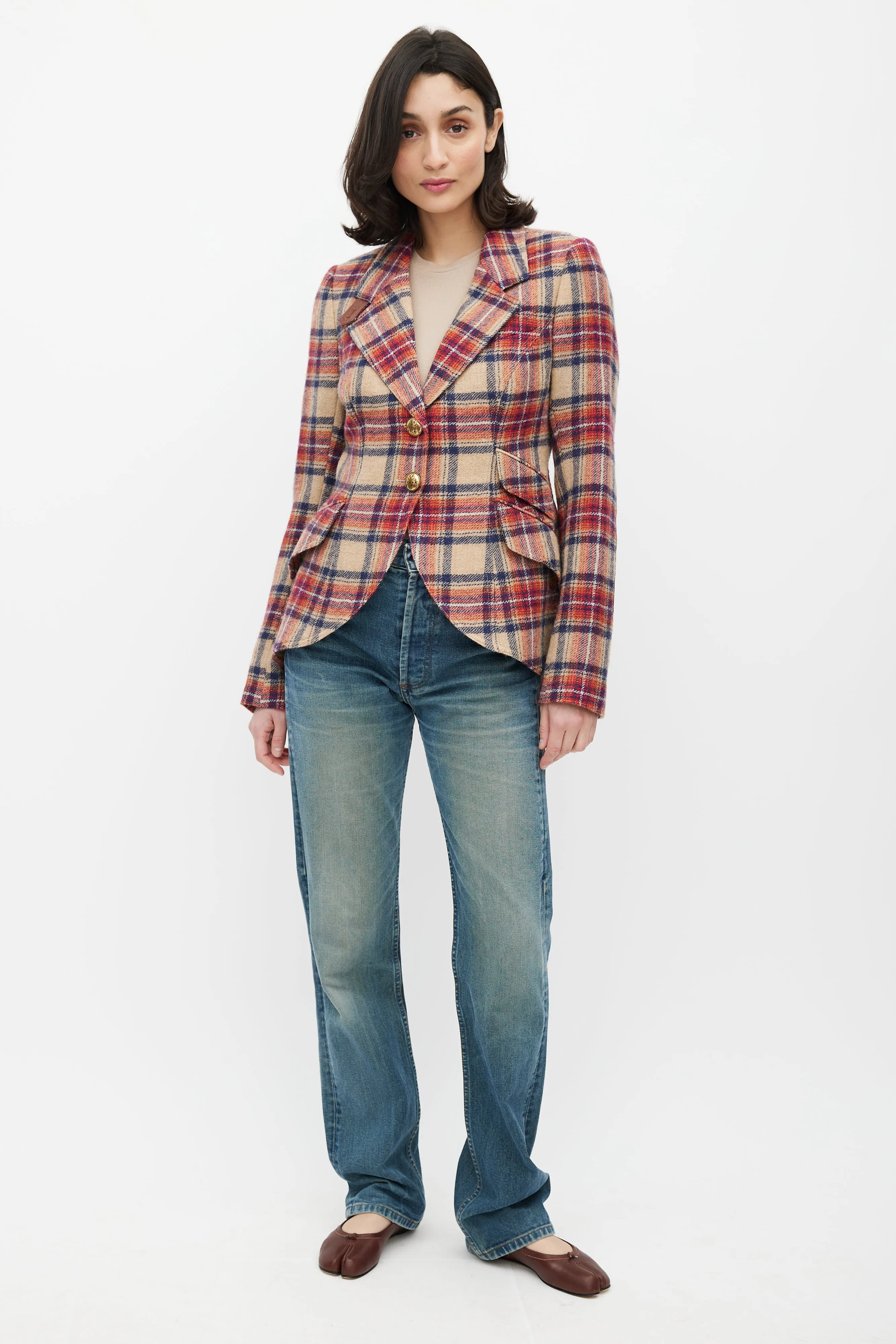 Beige & Red Plaid Wool Blazer