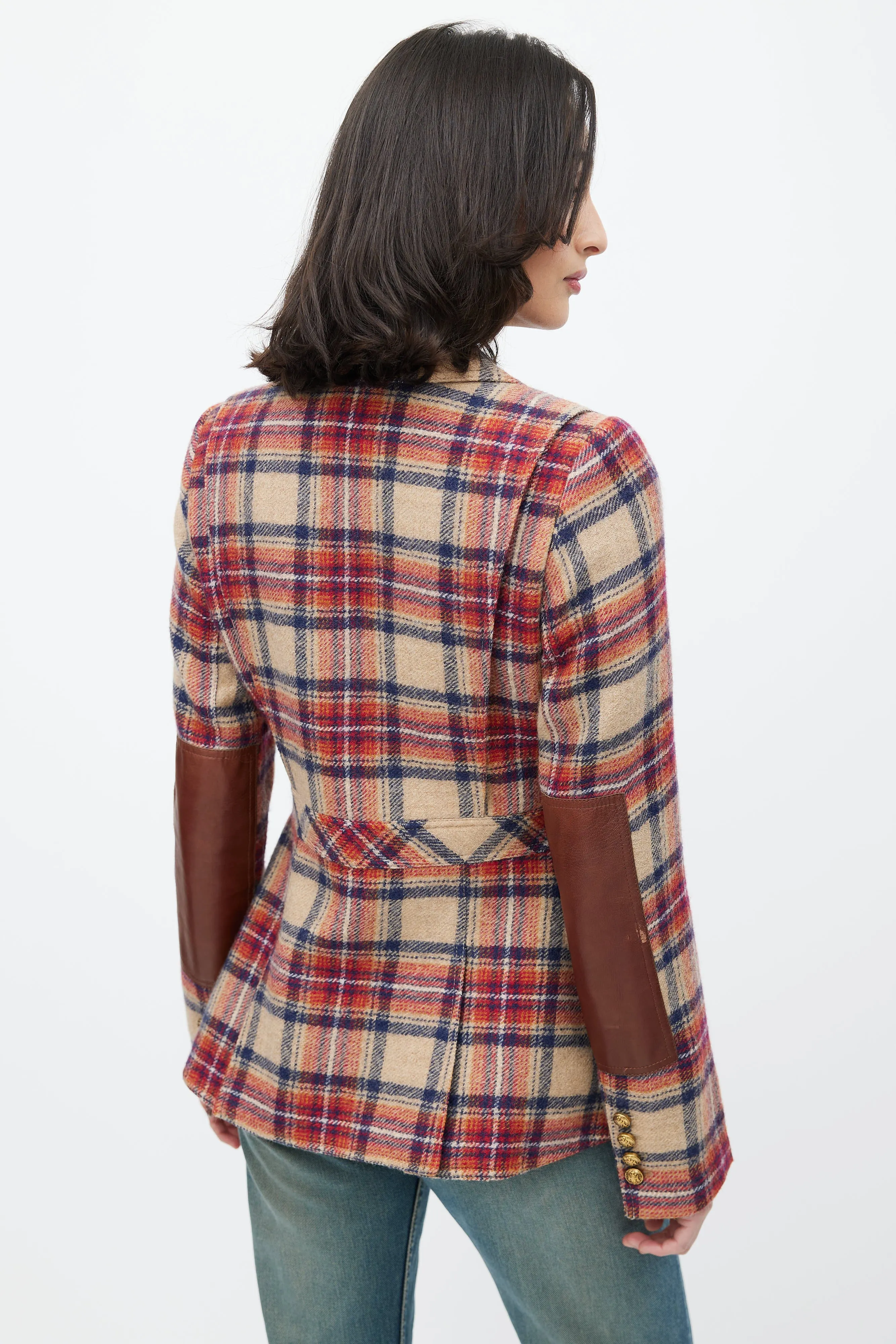 Beige & Red Plaid Wool Blazer