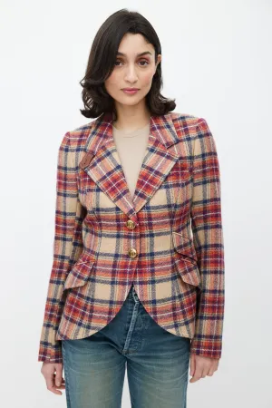 Beige & Red Plaid Wool Blazer