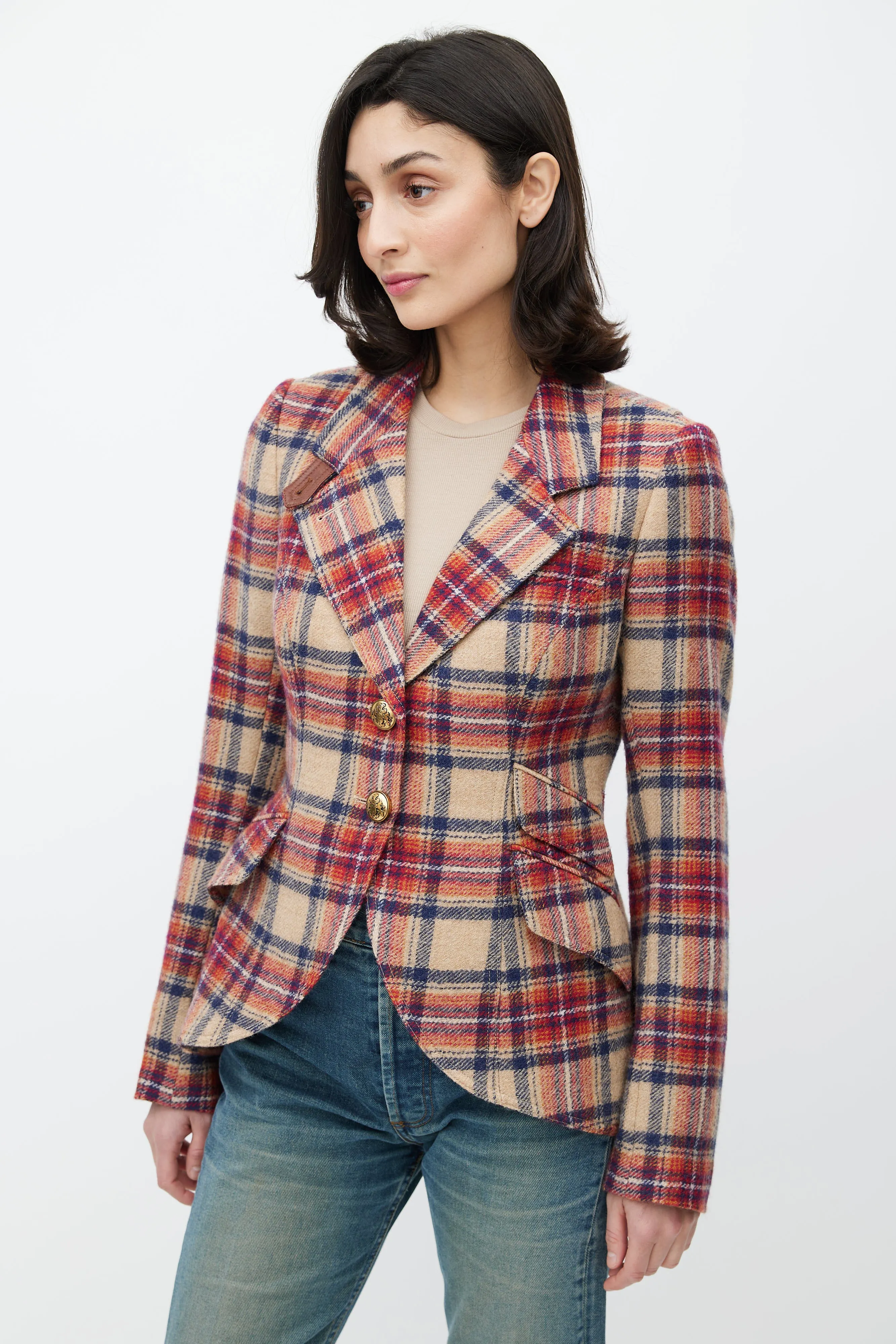 Beige & Red Plaid Wool Blazer