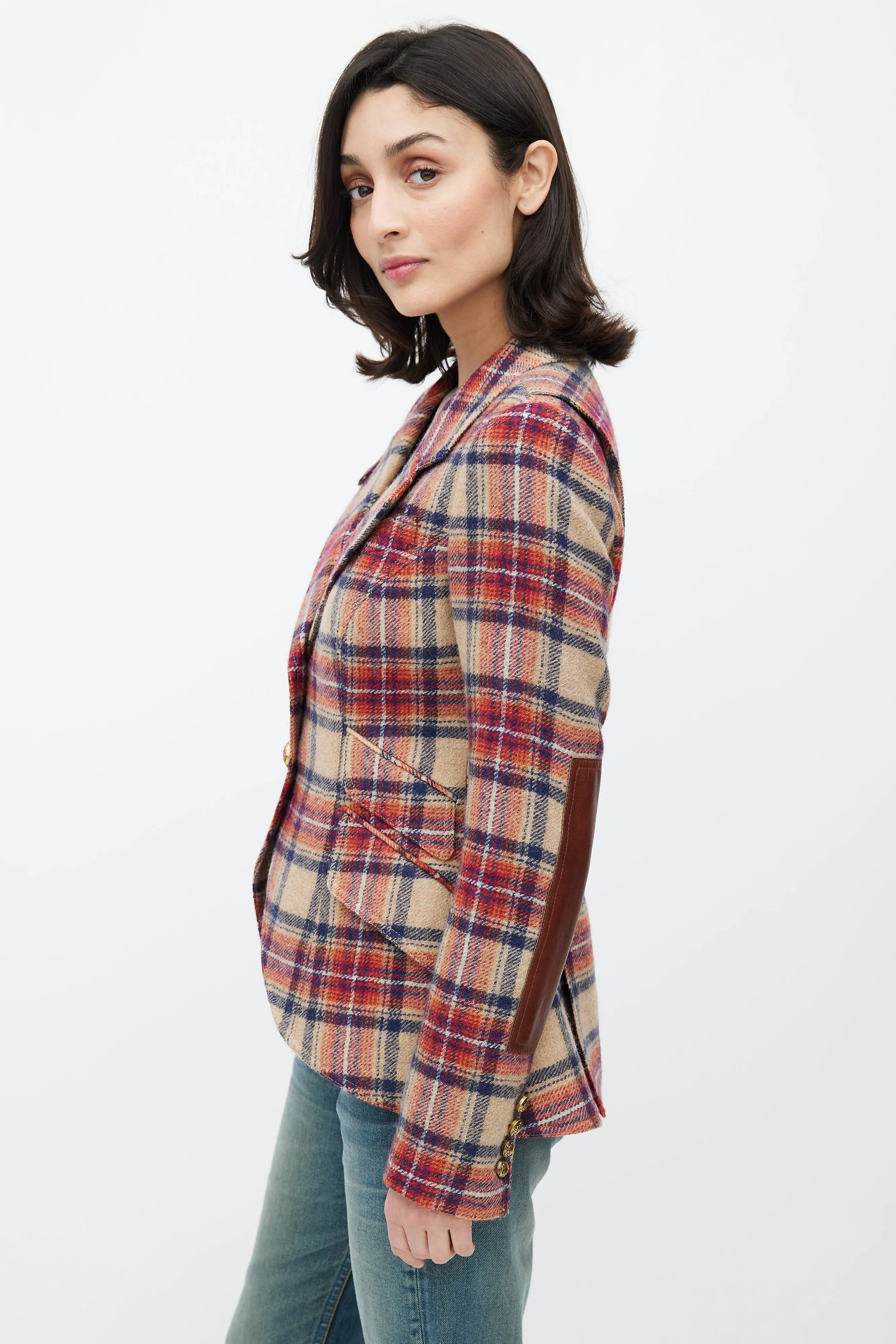 Beige & Red Plaid Wool Blazer