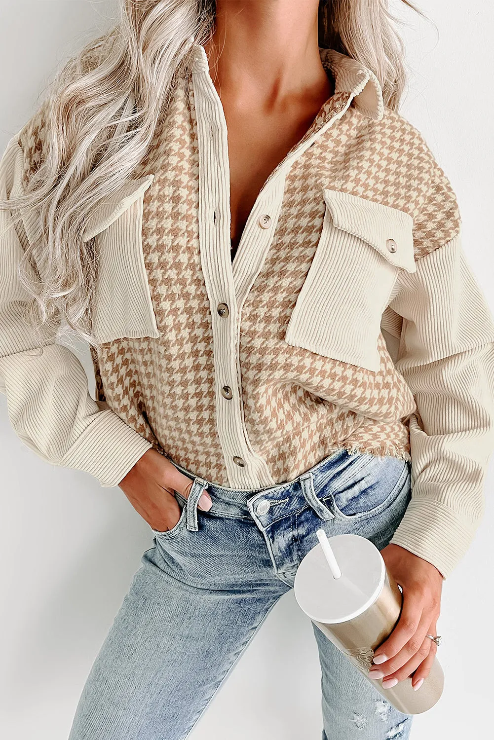 Beige Corduroy Shirt Jacket with Houndstooth Panel