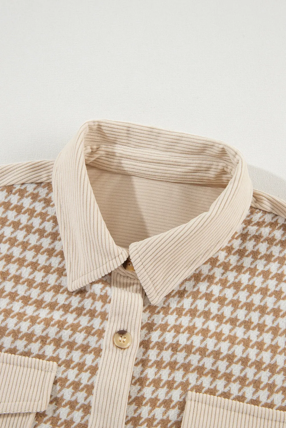 Beige Corduroy Shirt Jacket with Houndstooth Panel