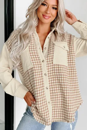 Beige Corduroy Shirt Jacket with Houndstooth Panel