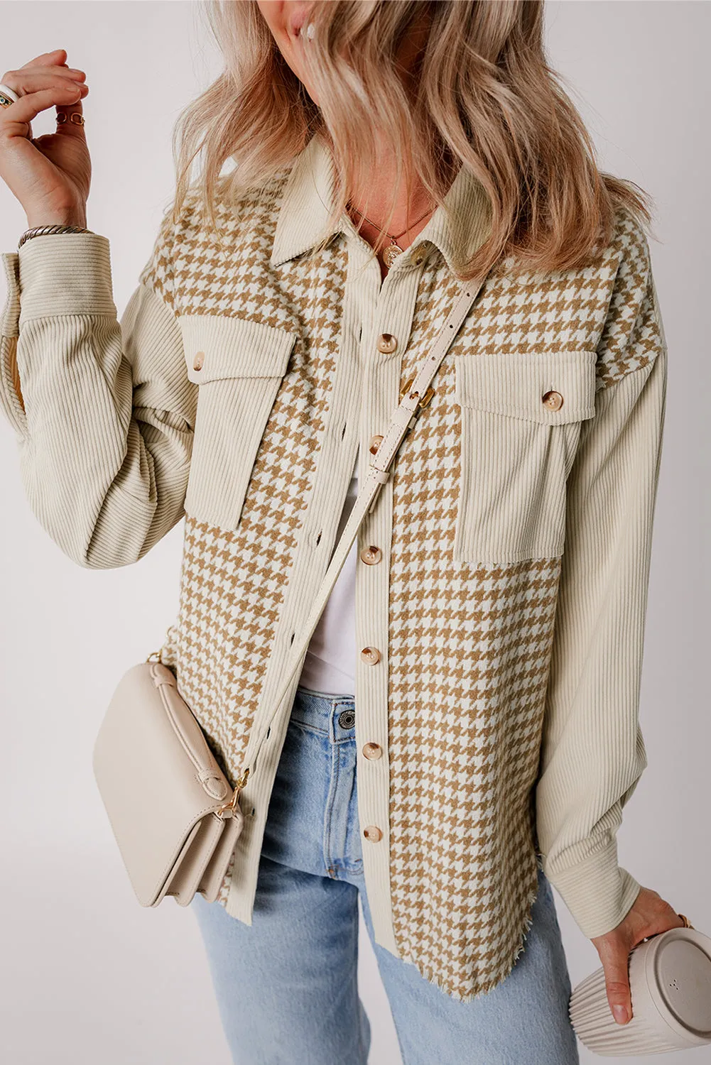 Beige Corduroy Shirt Jacket with Houndstooth Panel