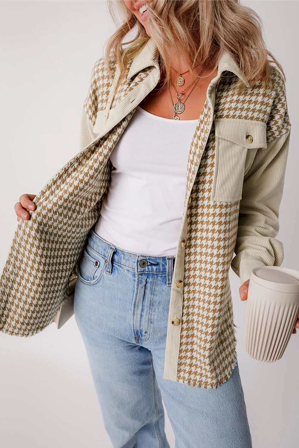 Beige Corduroy Shirt Jacket with Houndstooth Panel