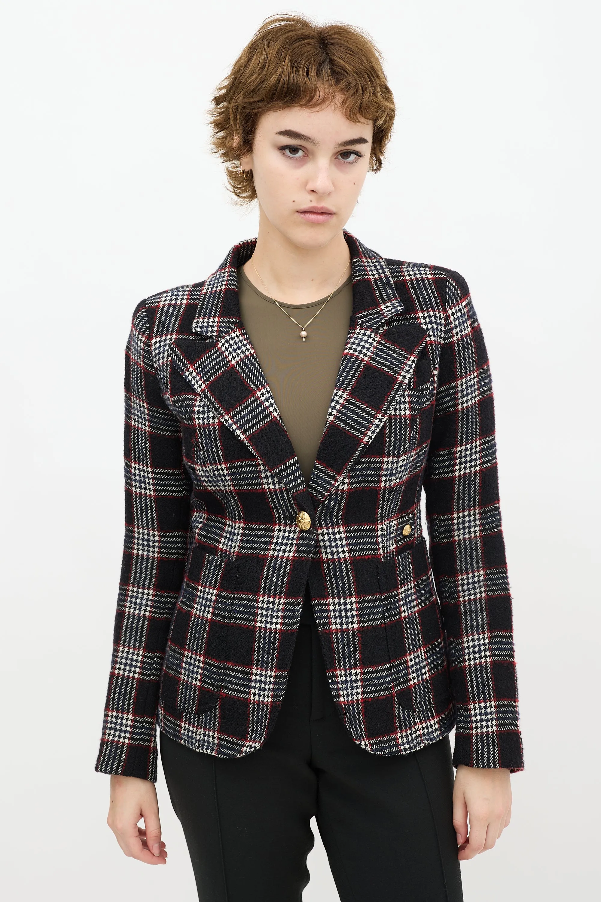 Black & Red Wool Plaid Duchess Blazer