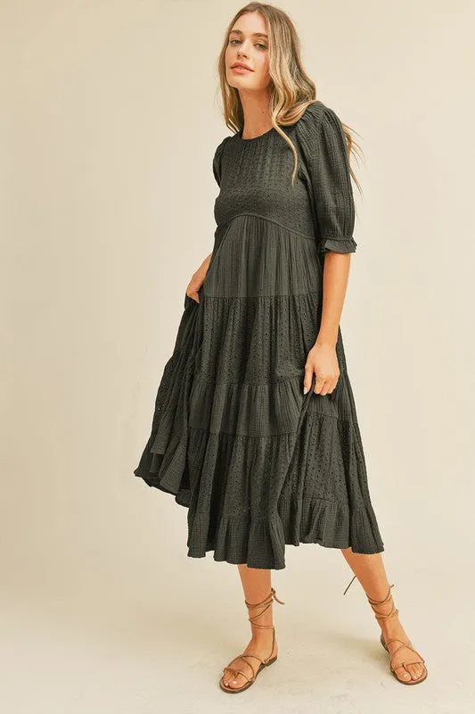 Black Contrast Eyelet Lace Maxi Tiered Dress