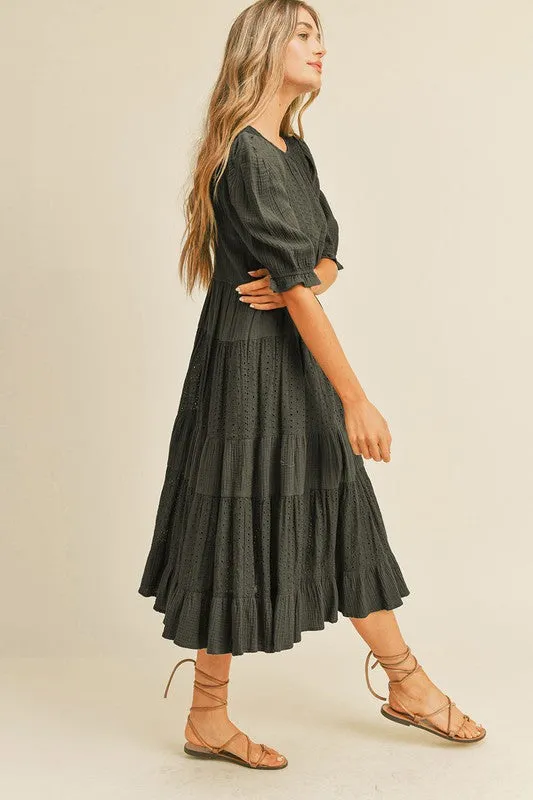 Black Contrast Eyelet Lace Maxi Tiered Dress