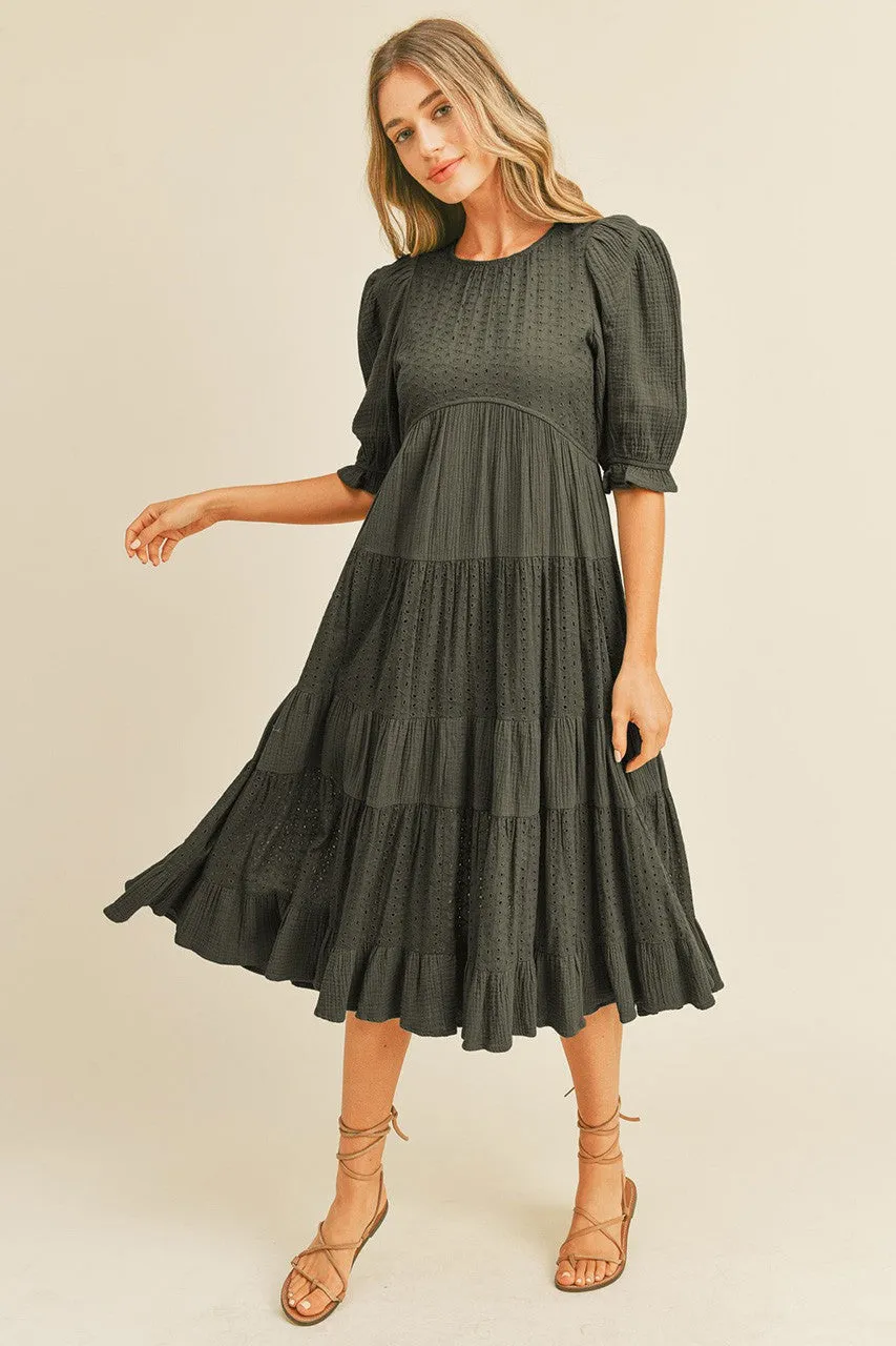 Black Contrast Eyelet Lace Maxi Tiered Dress