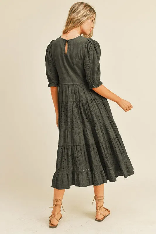 Black Contrast Eyelet Lace Maxi Tiered Dress