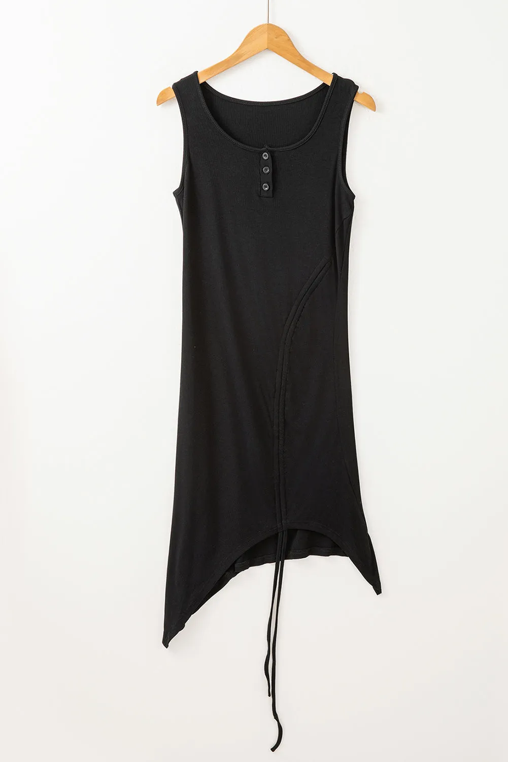 Black Drawstring Ruched Side Split Ribbed Midi Dress