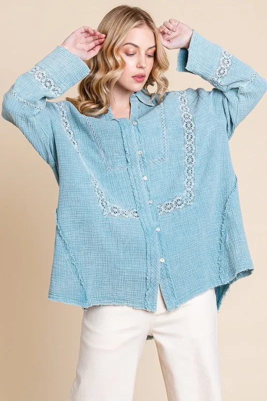 Blue Mineral Wash Trim Detail Button Down Top