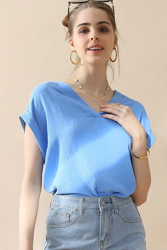 Blue V Neck Trim Rolled Short Sleeve Shirts Blouse Top