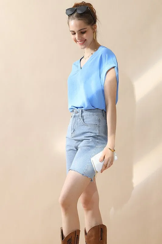 Blue V Neck Trim Rolled Short Sleeve Shirts Blouse Top