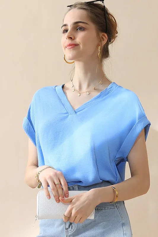 Blue V Neck Trim Rolled Short Sleeve Shirts Blouse Top