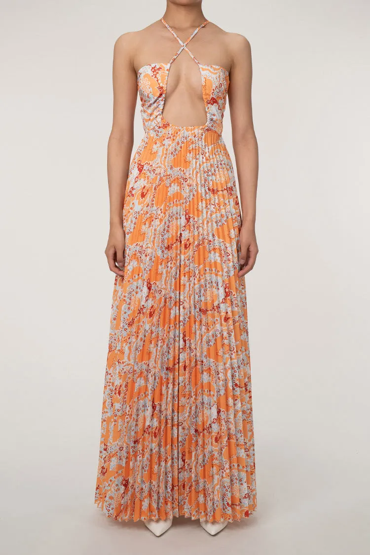 Boho Floral Print Plunge Back Tie Cutout Pleated Beach Vacation Maxi Dress